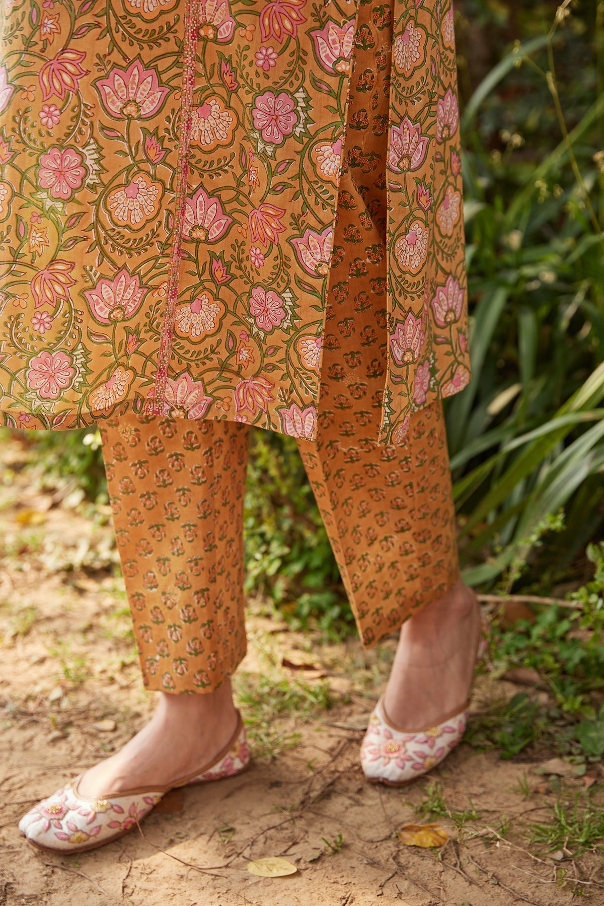 Mustard Block Printed Straight Kurta With Pink Butti