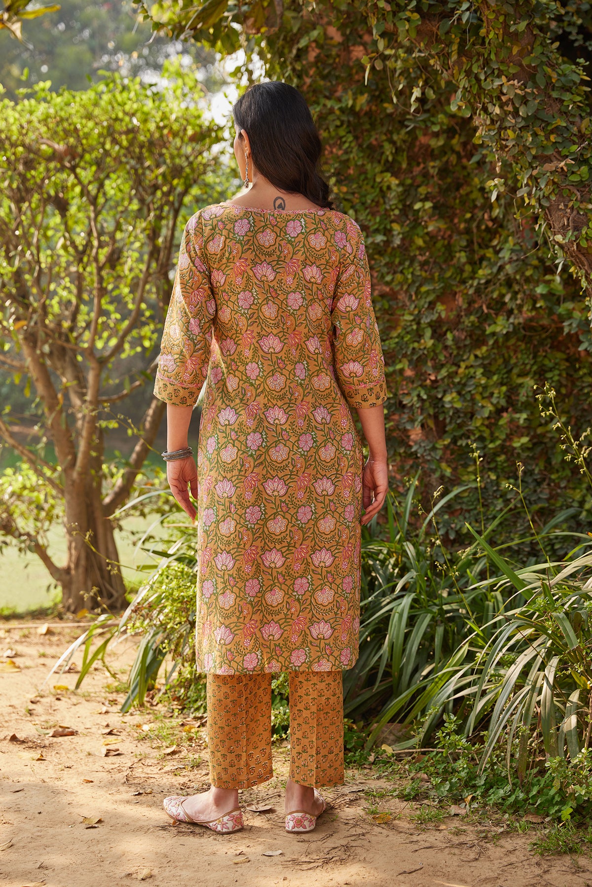Mustard Block Printed Straight Kurta With Pink Butti