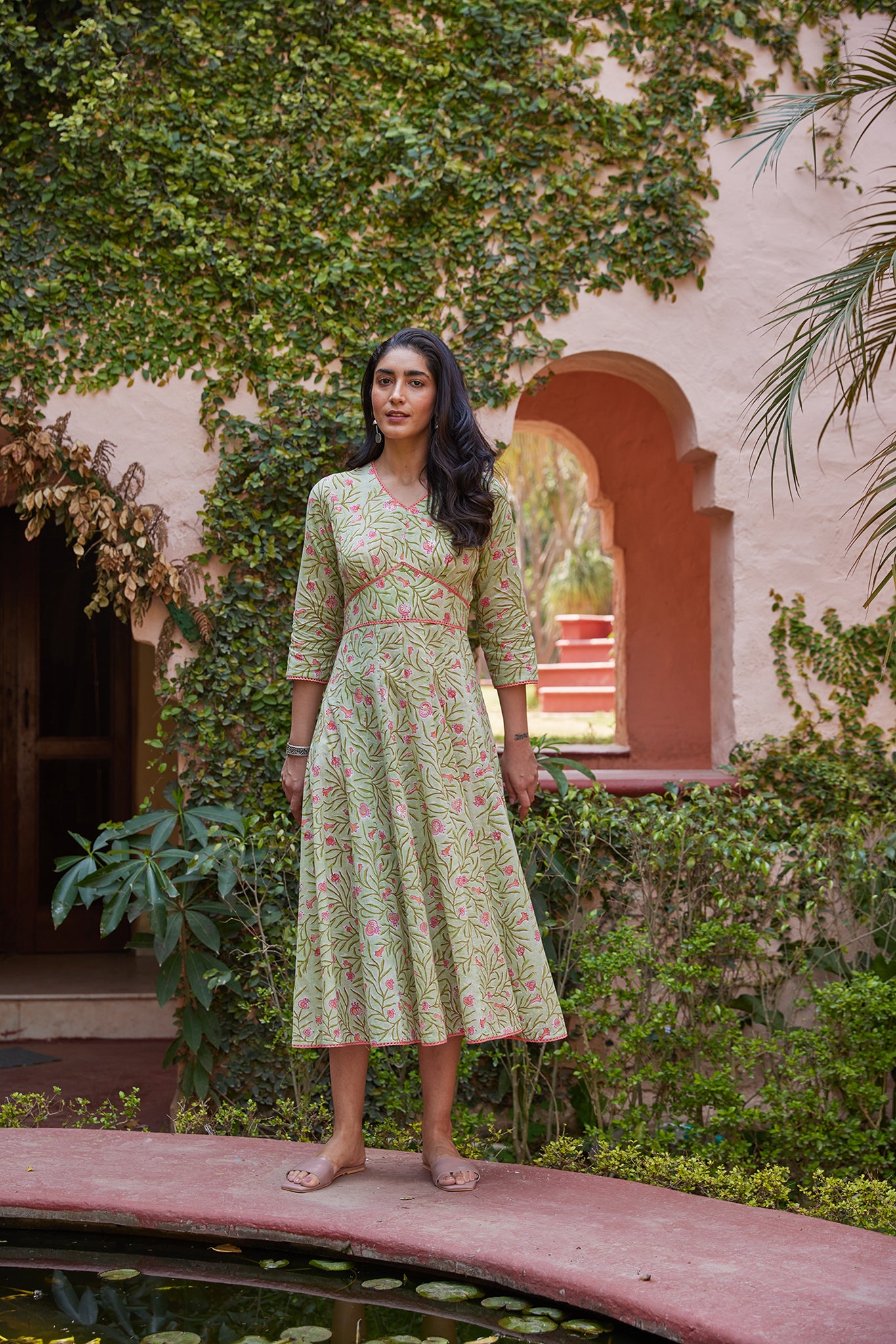 Hand Blocked Mint Green Sanganeri Floral Print Midi Dress