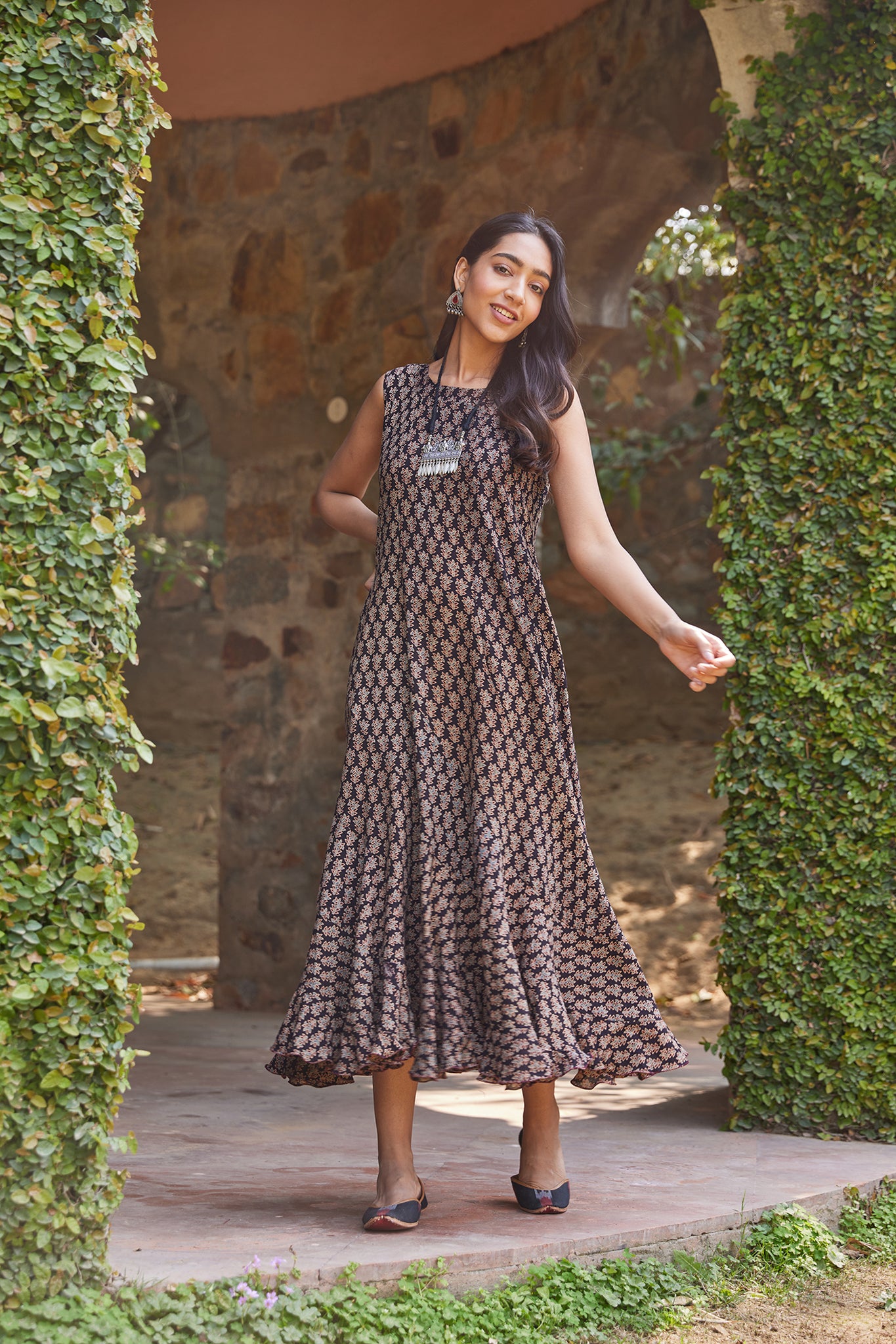 Ajrakh Hand Block Printed Sleeveless Ruffled Dress