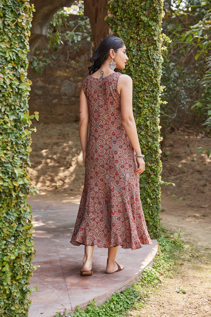 Ajrakh Hand Block Printed Sleeveless Ruffled Maroon Dress