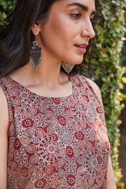 Ajrakh Hand Block Printed Sleeveless Ruffled Maroon Dress