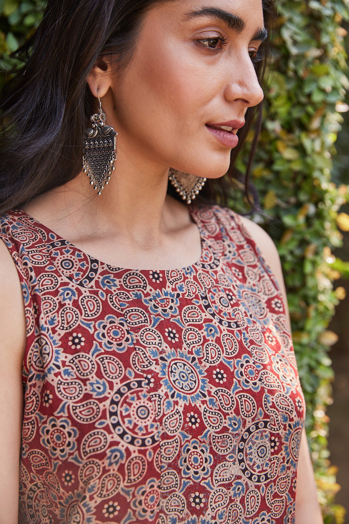 Ajrakh Hand Block Printed Sleeveless Ruffled Maroon Dress