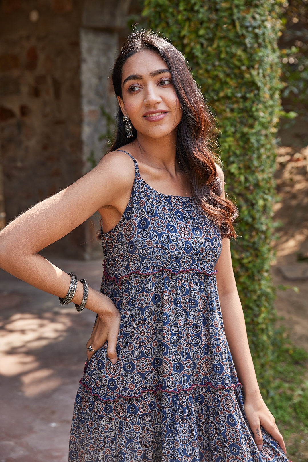 Handblocked Ajrak Printed Strappy & Tiered Midi Dress - Vishnu Handblocked Ajrak Printed Strappy & Tiered Midi Dress - Vishnu