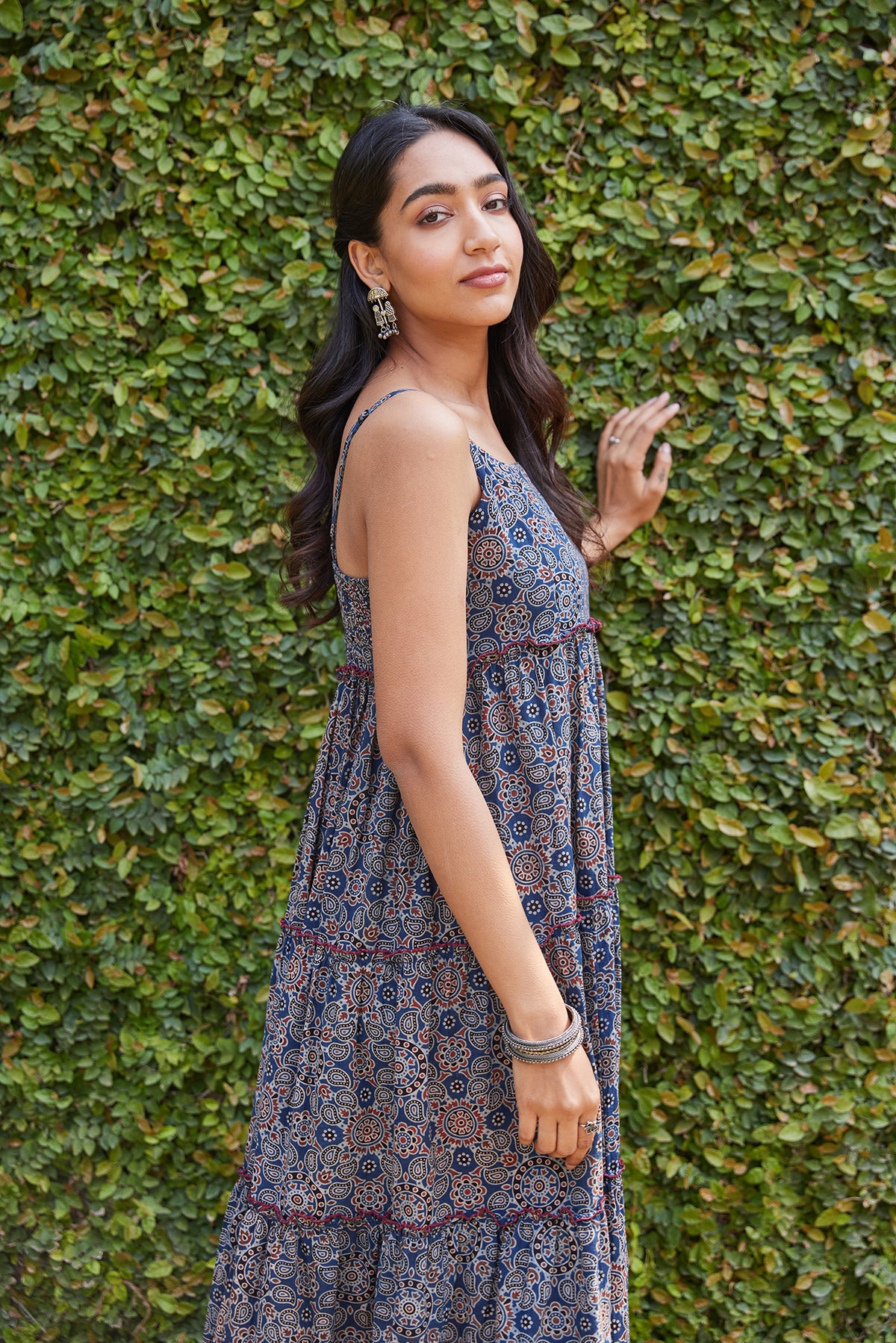 Handblocked Ajrak Printed Strappy & Tiered Midi Dress
