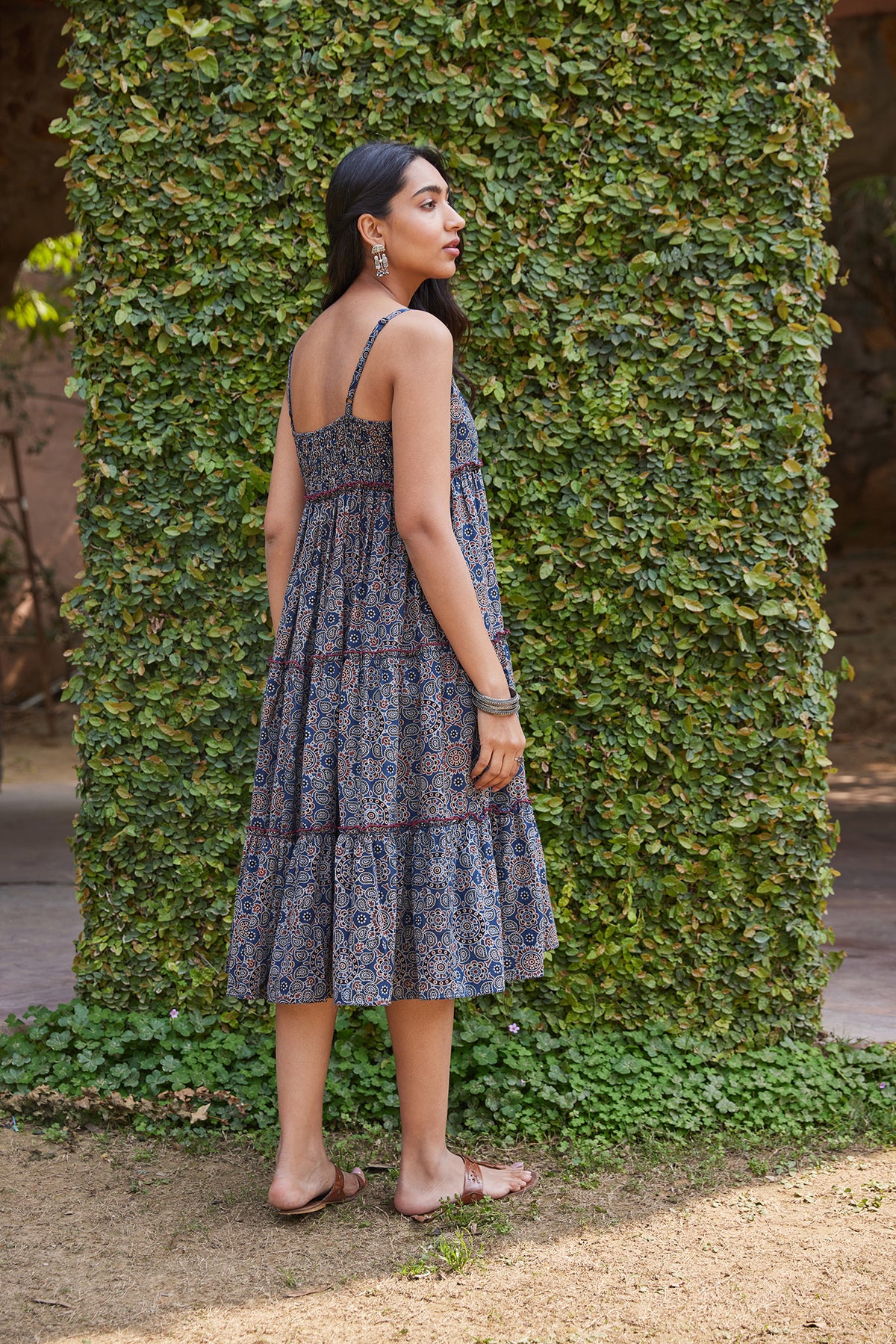 Handblocked Ajrak Printed Strappy & Tiered Midi Dress