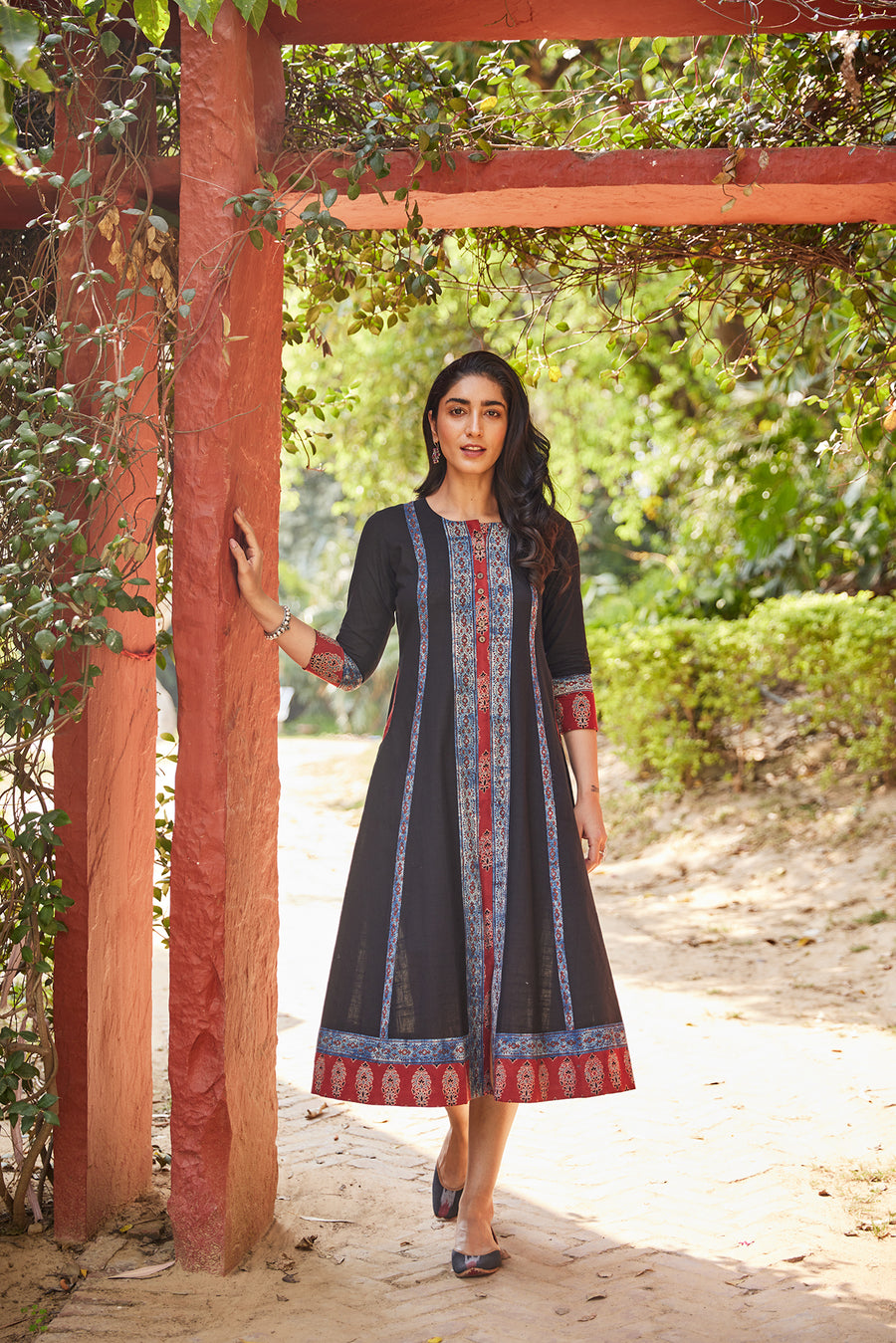 Multi Panel Ajrakh Print A-Line Kurta Dress With Pockets