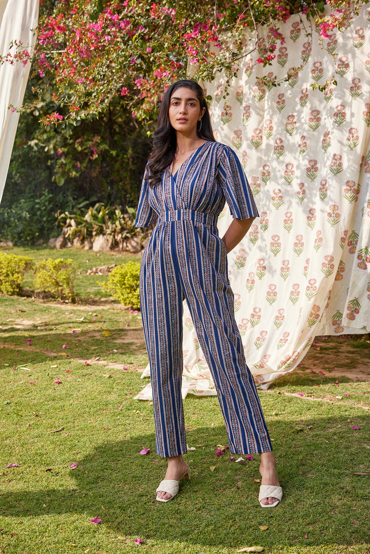 Floral Striped Sanganeri Print Ethnic Jumpsuit