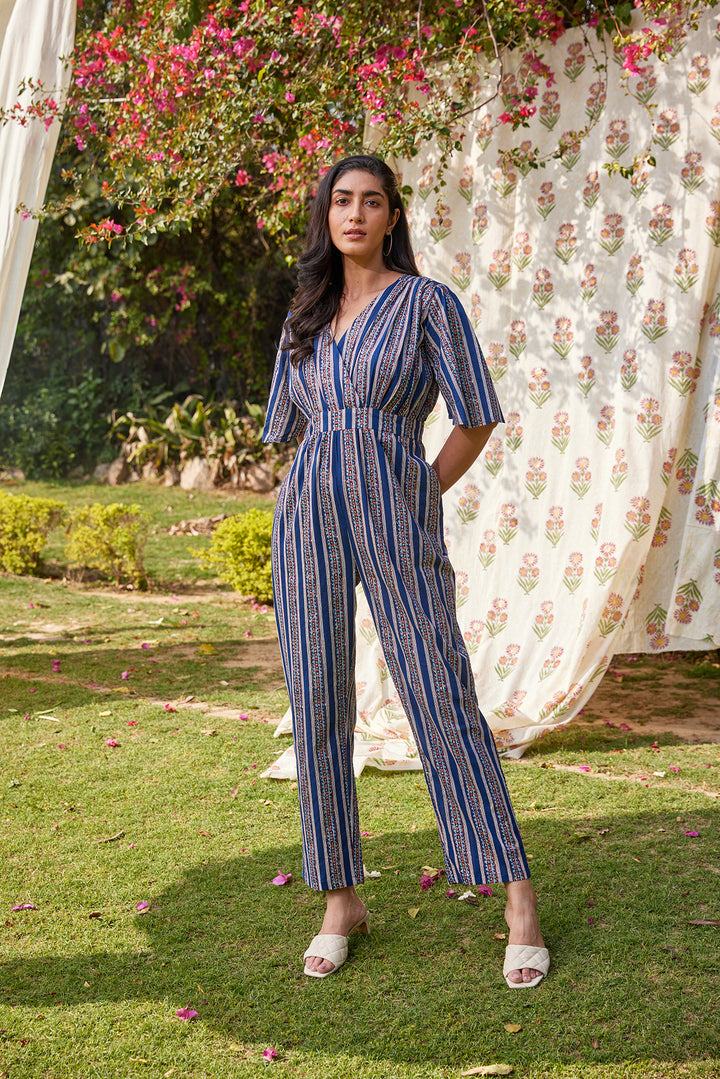 Floral Striped Sanganeri Print Ethnic Jumpsuit