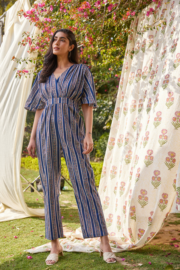 Floral Striped Sanganeri Print Ethnic Jumpsuit
