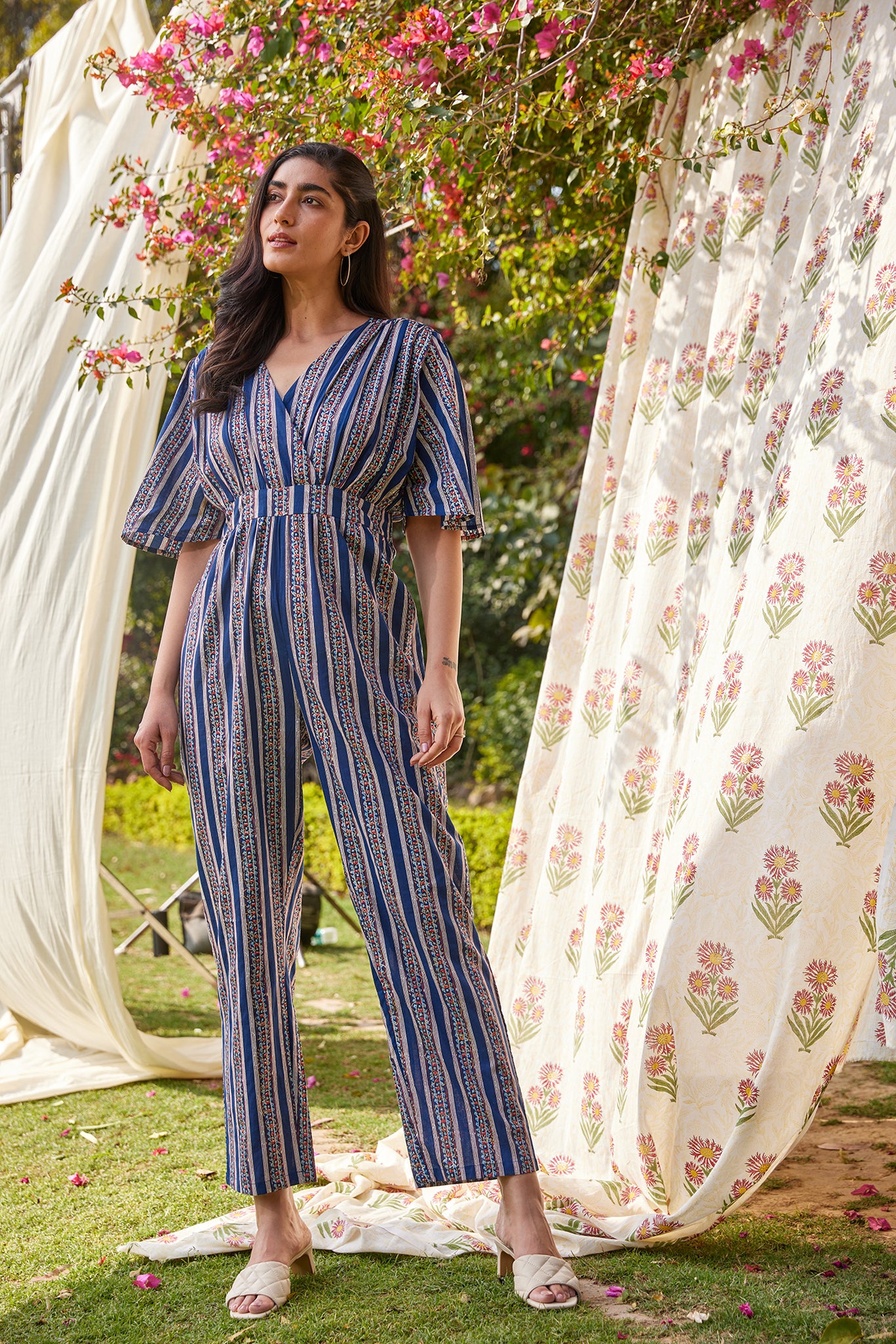 Floral Striped Sanganeri Print Ethnic Jumpsuit