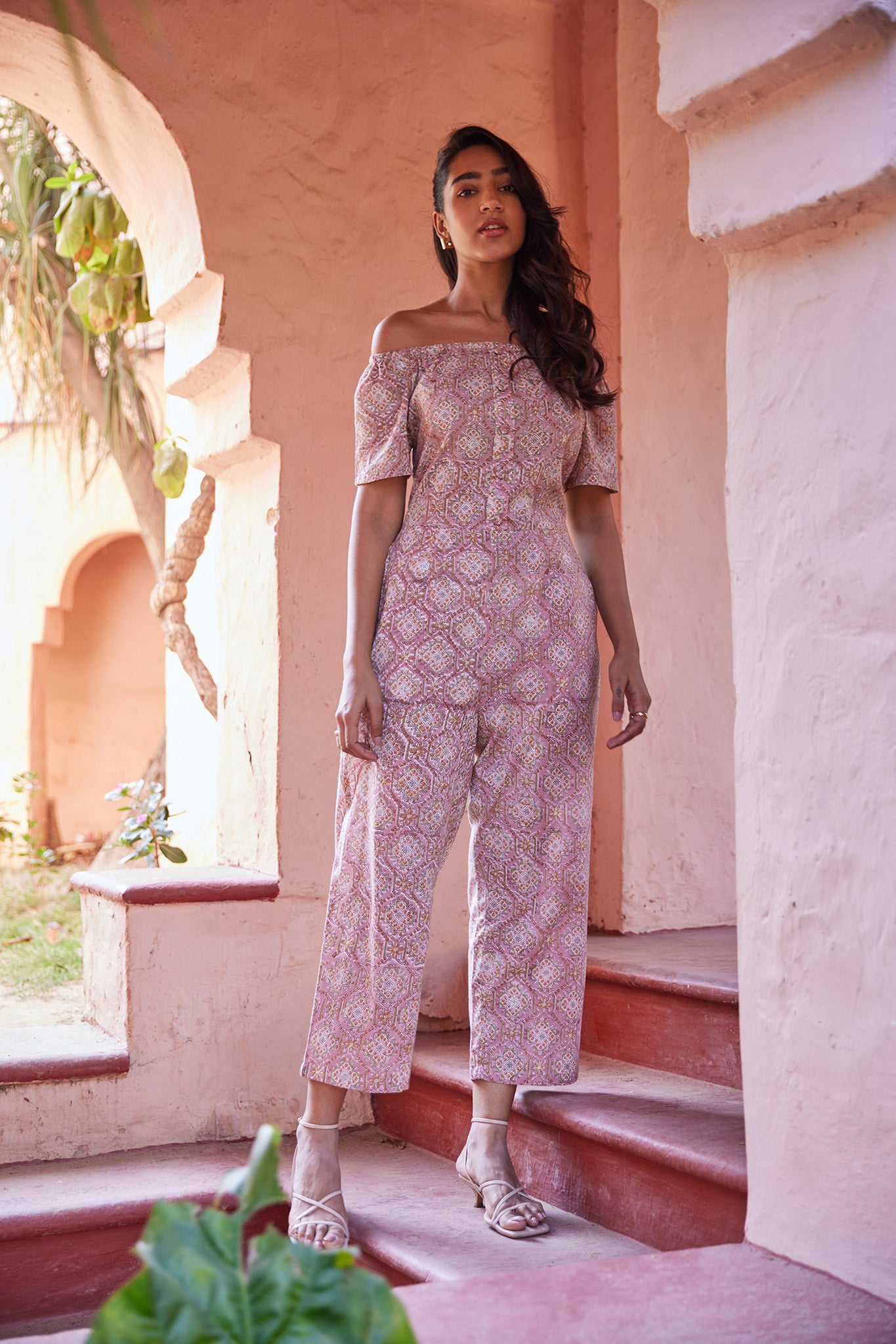 Hand block print ethnic jumpsuits with off-shoulder boat neck
