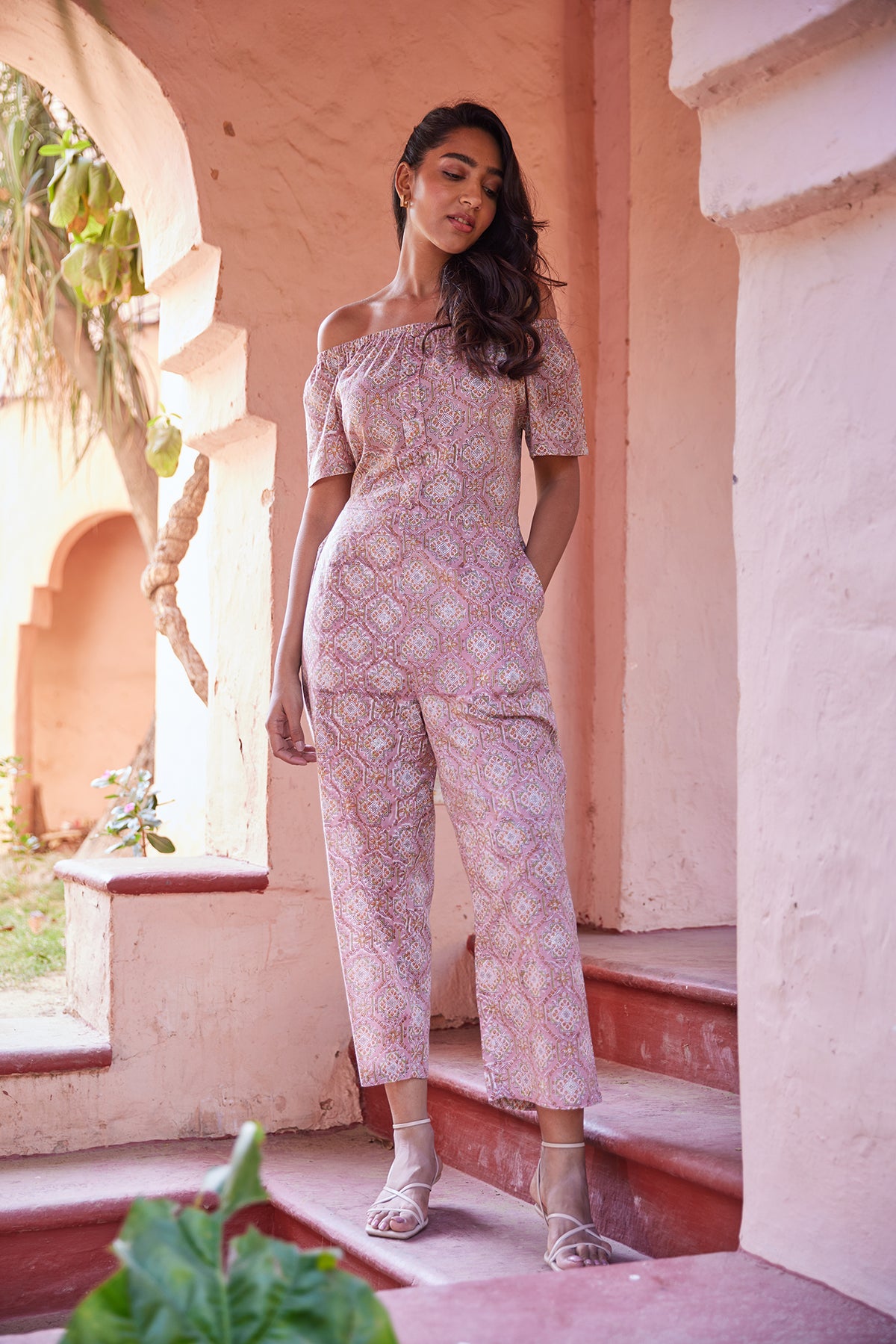 Hand block print ethnic jumpsuits with off-shoulder boat neck