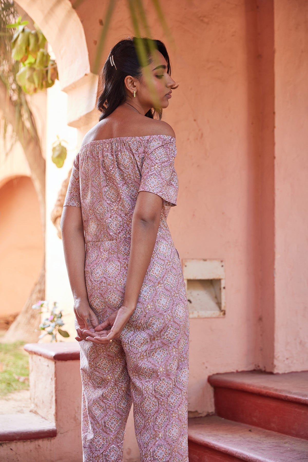 Hand block print ethnic jumpsuits with off-shoulder boat neck