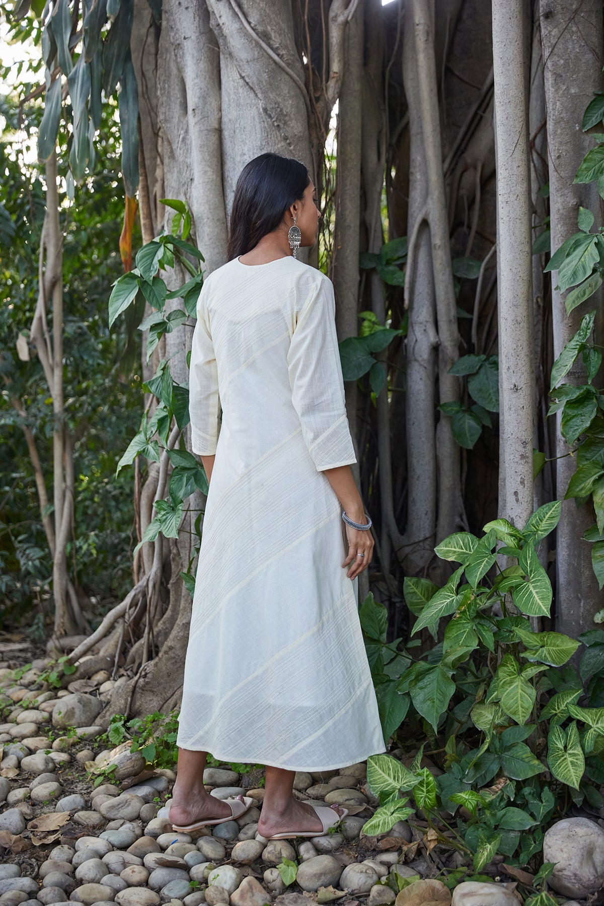 Solid Off-White A-Line Dress With Pintucks