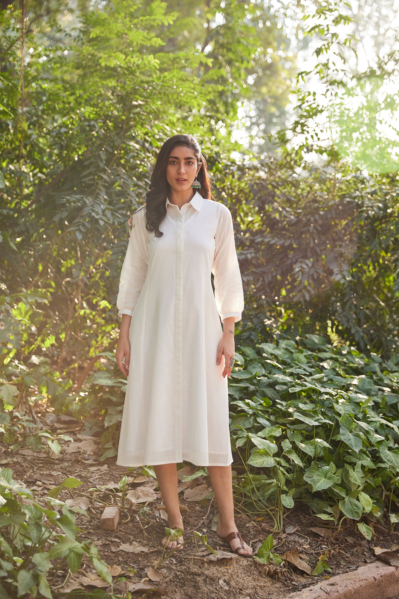 White Solid Shirt Dress
