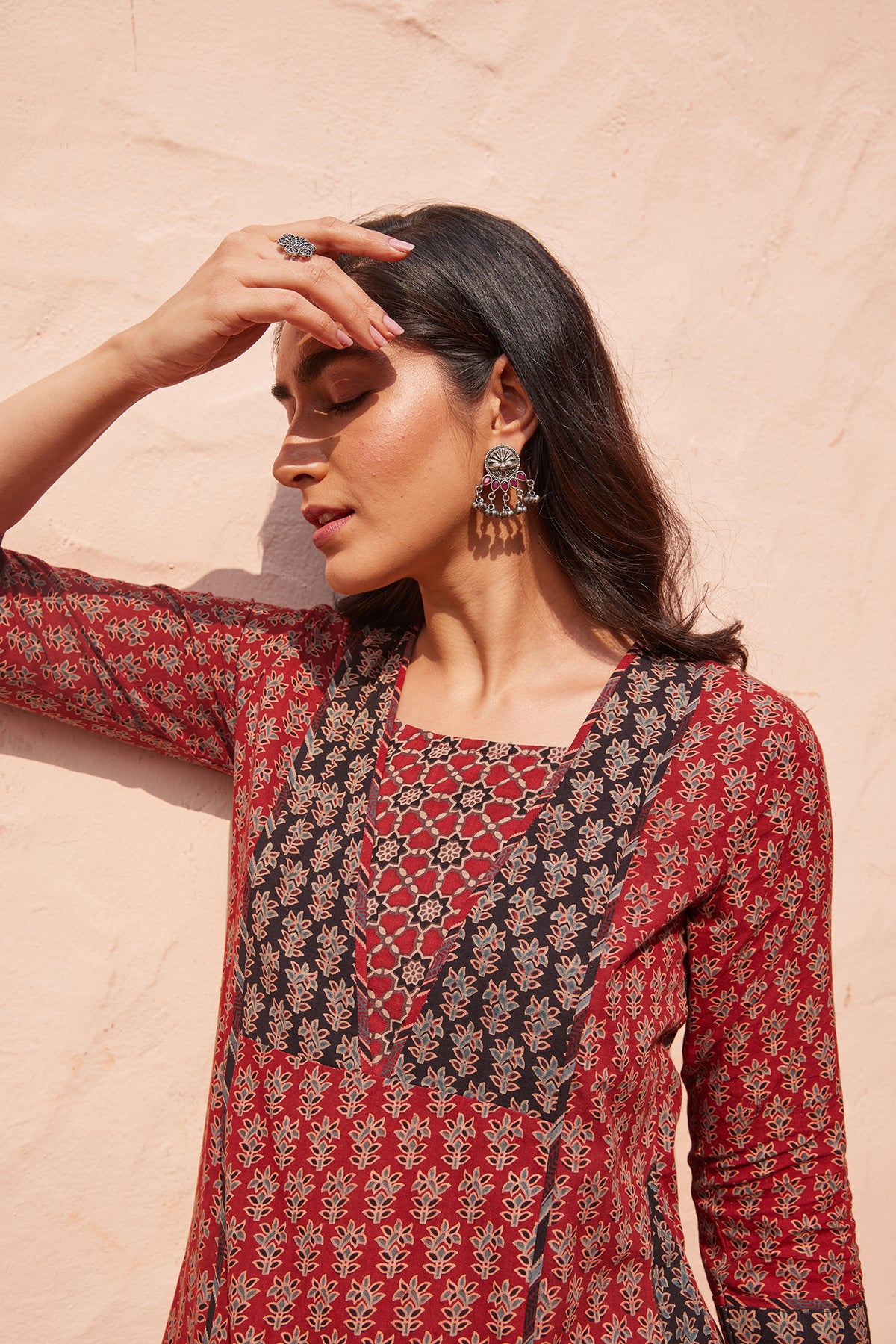 Ajrakh Block Printed Rust Kurta With Pockets