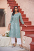 Handblocked turquoise straight dress with front buttons and pockets