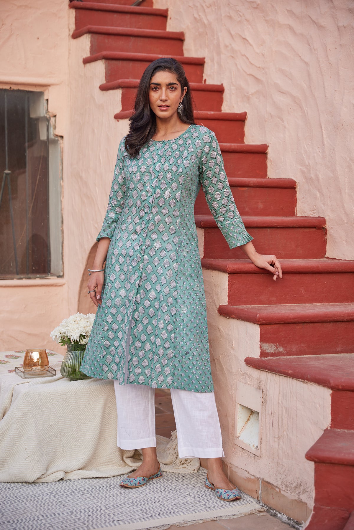 Handblocked turquoise straight dress with front buttons and pockets