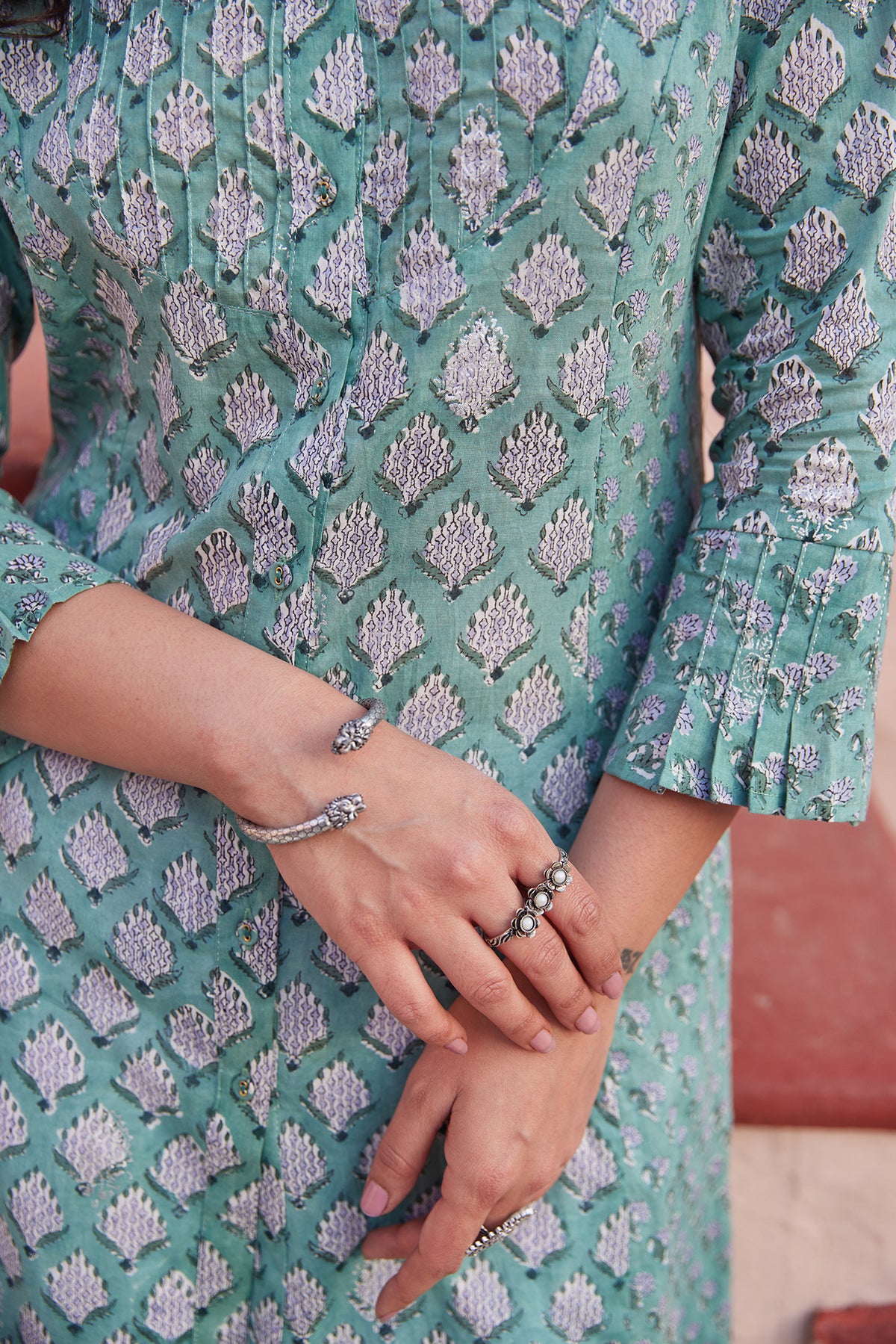 Handblocked turquoise straight dress with front buttons and pockets