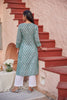Handblocked turquoise straight dress with front buttons and pockets