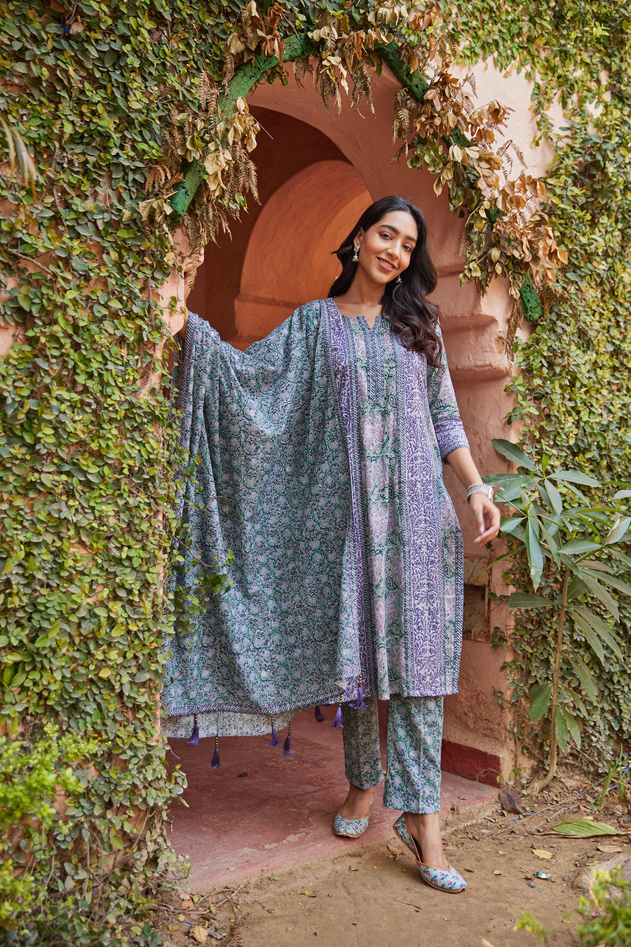 Rogan & hand block printed mul mul dupatta with tassels