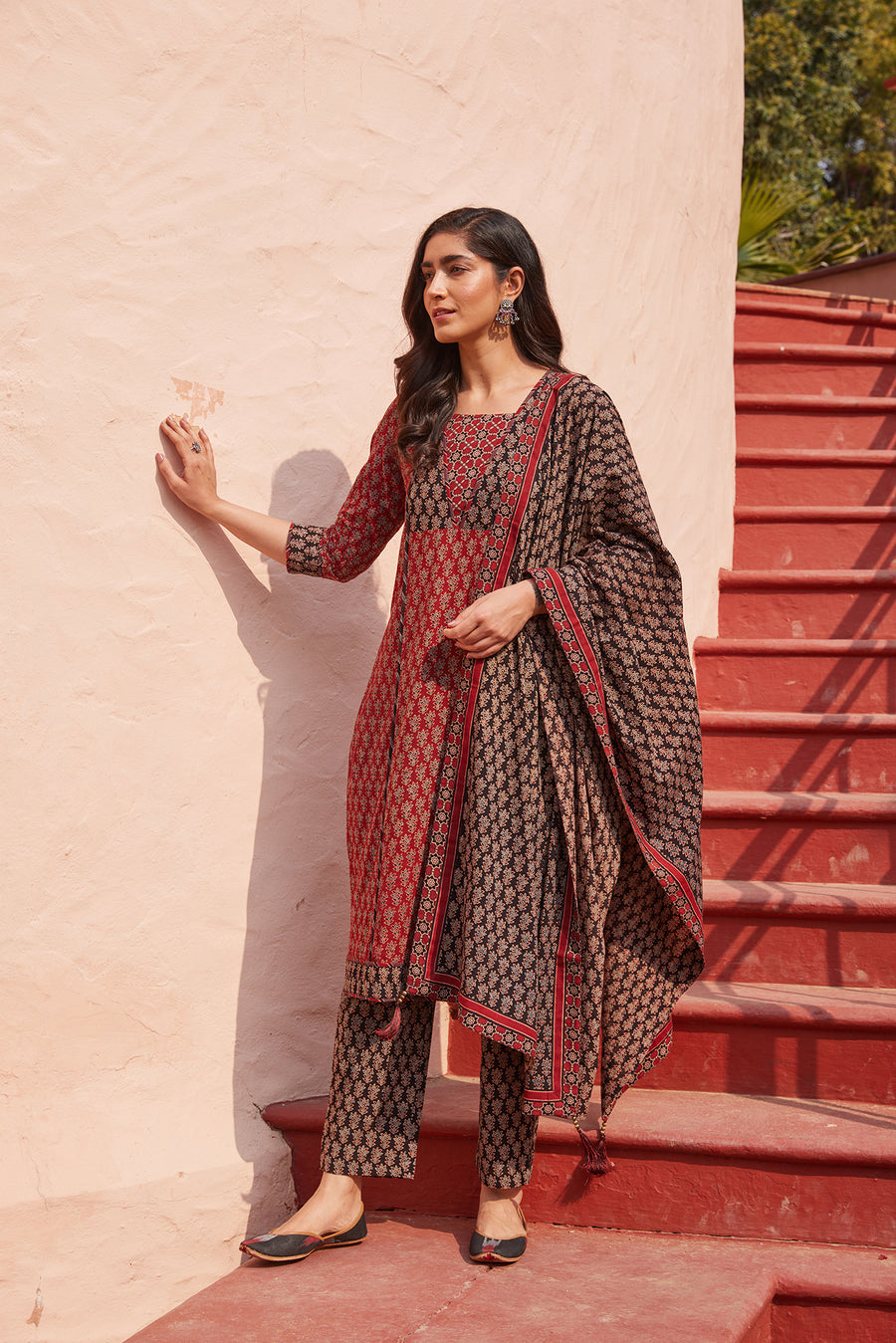 Ajrakh Handblock Printed Premium Cotton Dupatta With Tassels