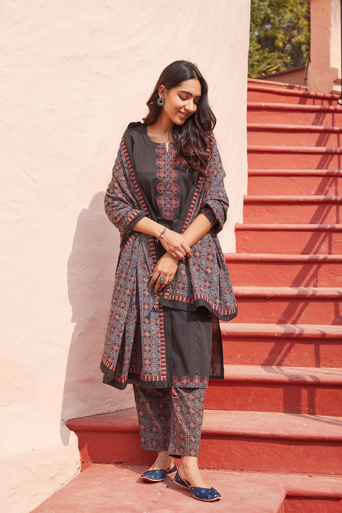 Solid Black Kurta With Embroidered Ajrakh Applique