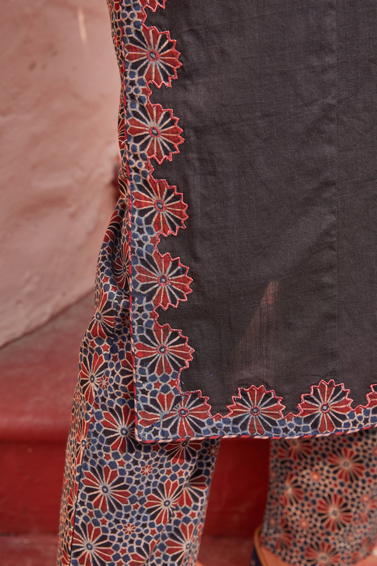 Solid Black Kurta With Embroidered Ajrakh Applique
