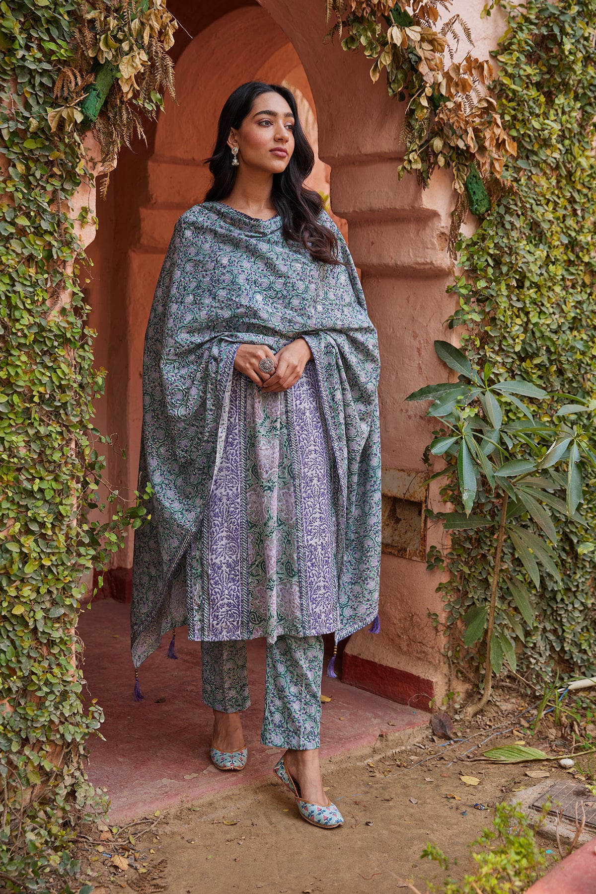 Rogan & hand block printed mul mul dupatta with tassels