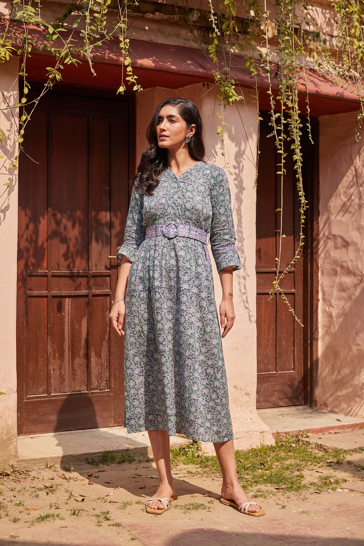 Hand Block Print Dress With Belt