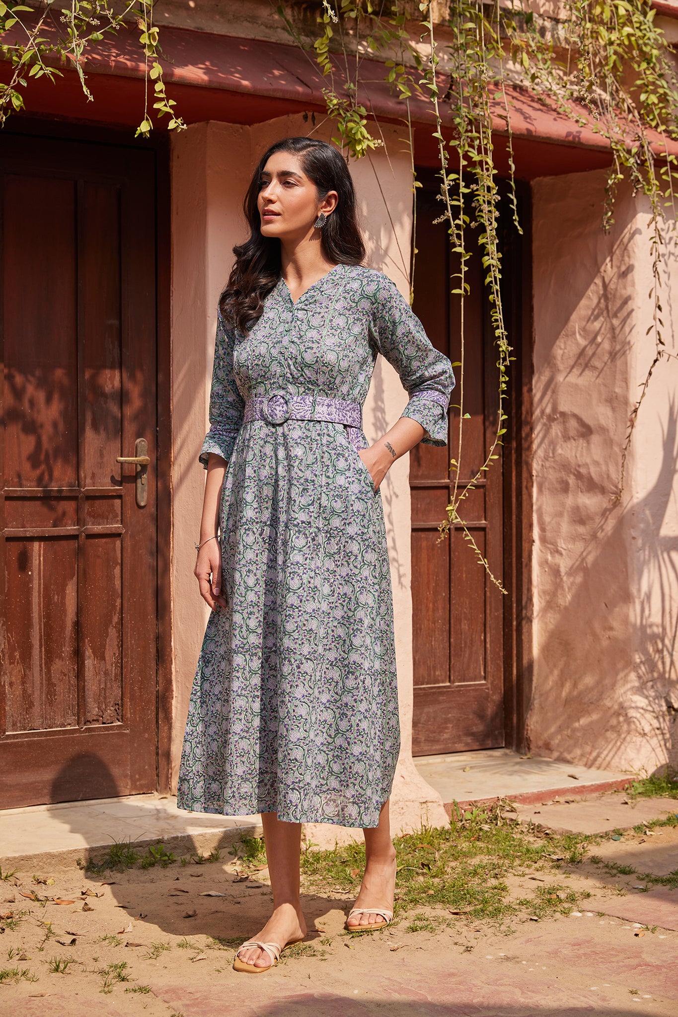 Hand Block Print Dress With Belt