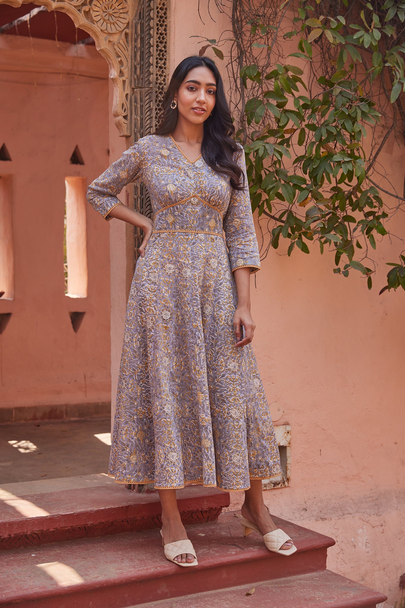 Hand Block Sanganeri Printed Ghera Maxi Dress