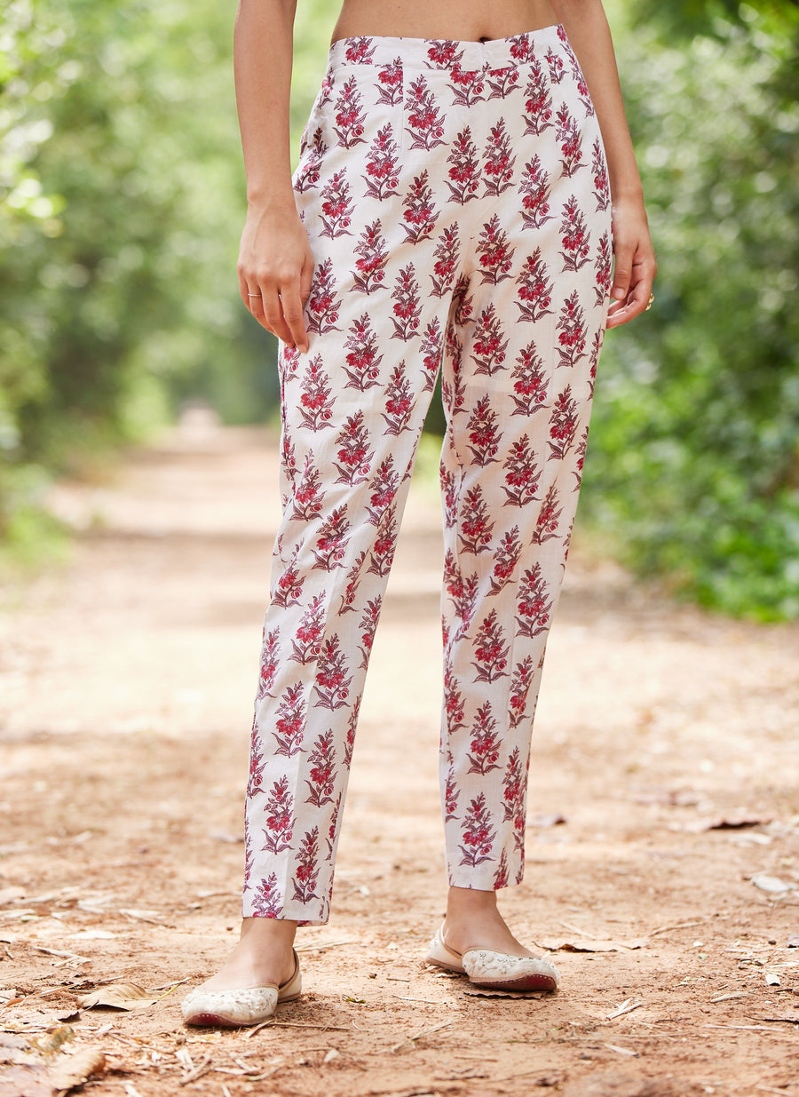 White Elasticated Floral Print Pants