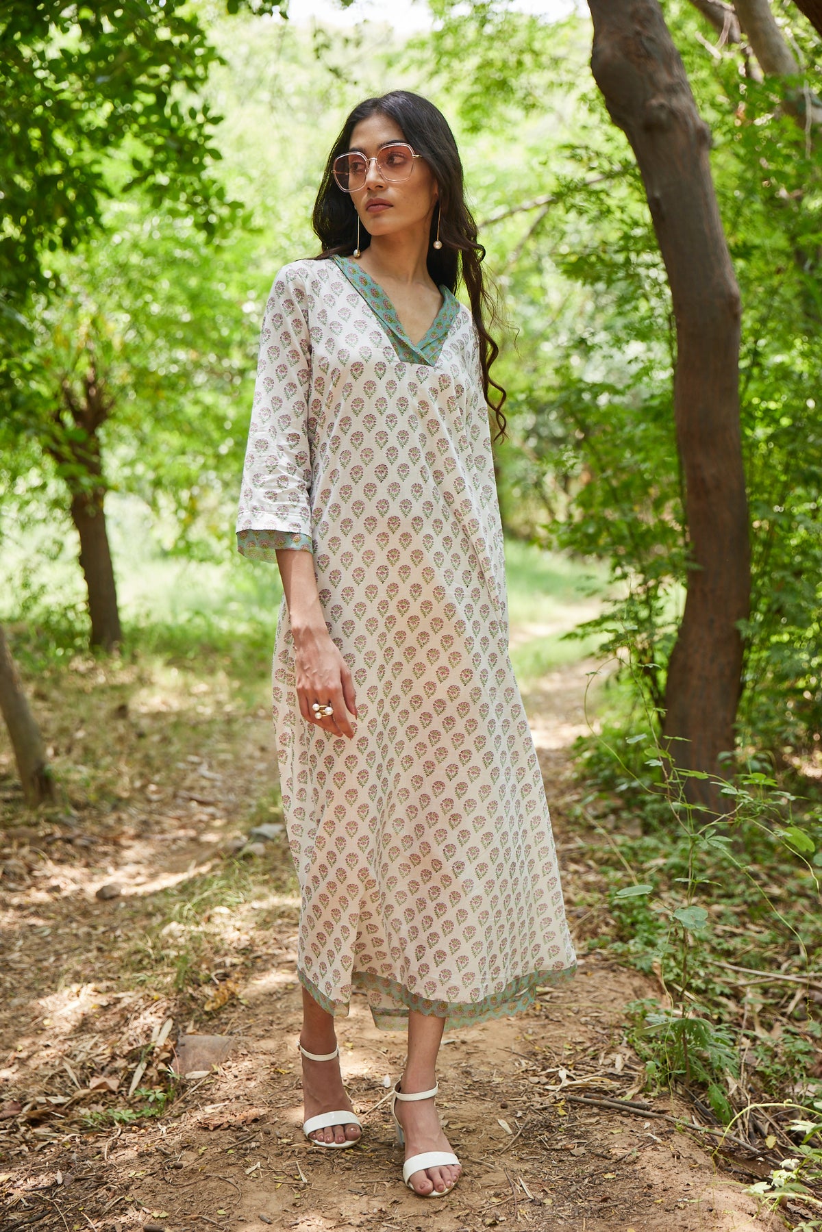 Hand Block Print A-Line Tea Length Dress