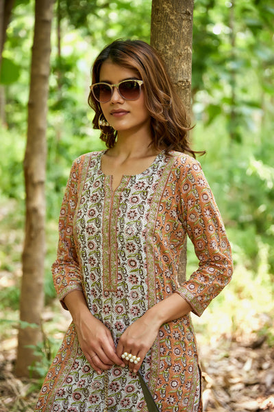 Buy Brown & White Printed Straight Kurta for Women | Vishnu