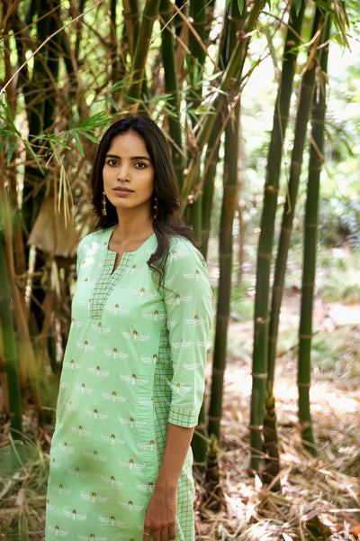 Pastel Green Printed Kurta Dress With Pockets