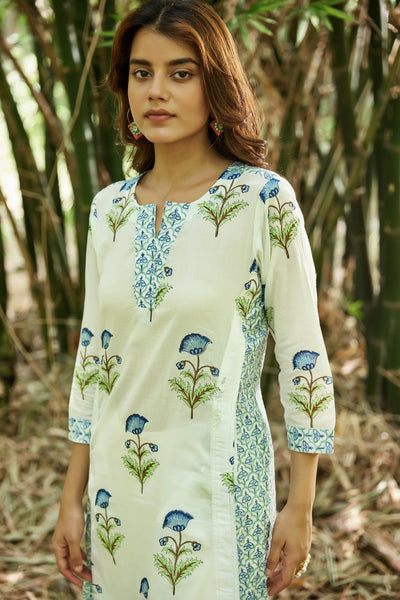 White Hand Block Print Kurta-Dress With Pockets