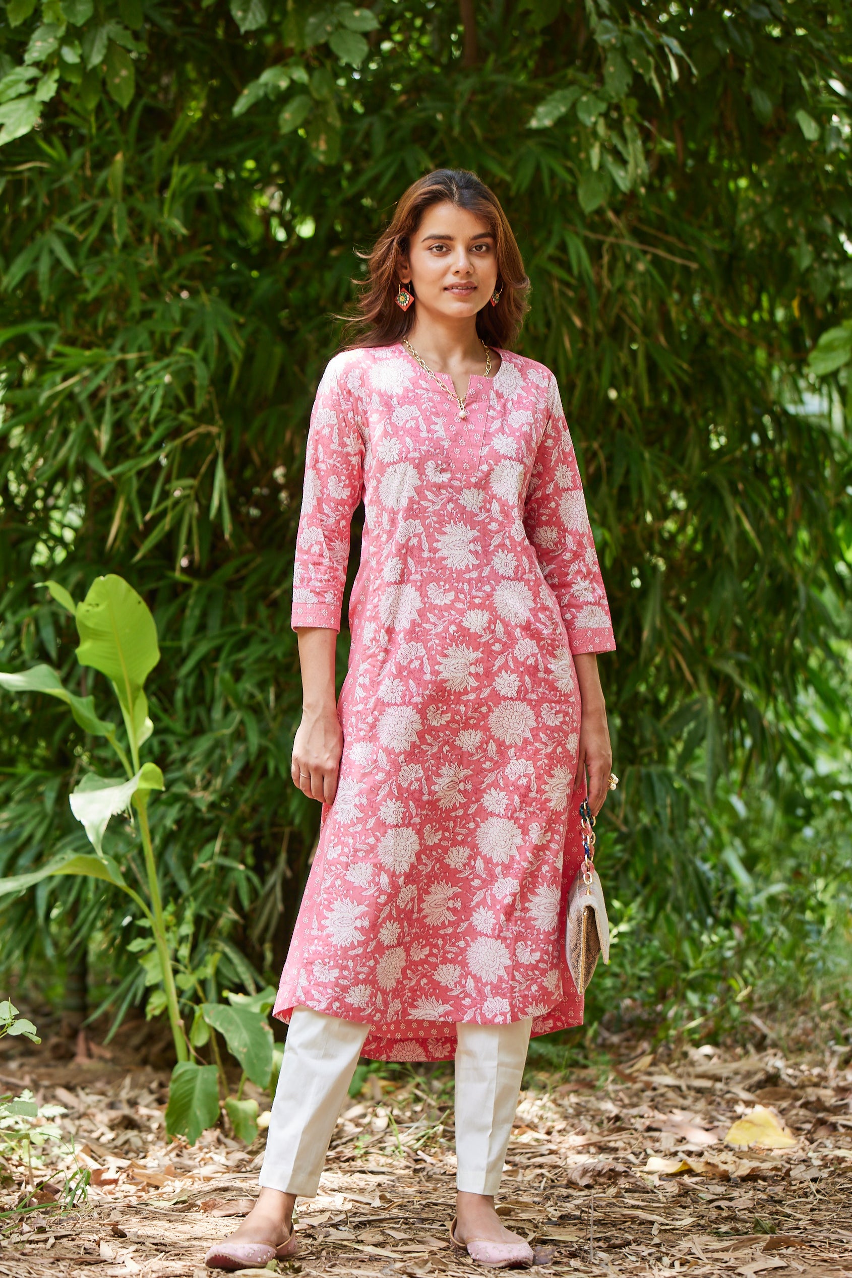 Pink Floral Print Kurta-Dress With Pockets