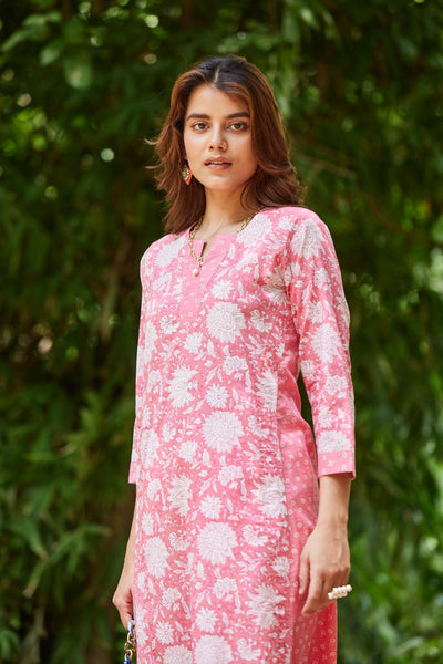 Pink Floral Print Kurta-Dress With Pockets