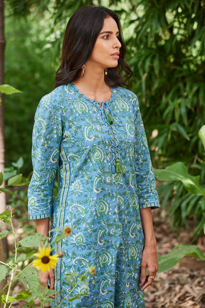 Blue Hand Block Print Kurta With Dori