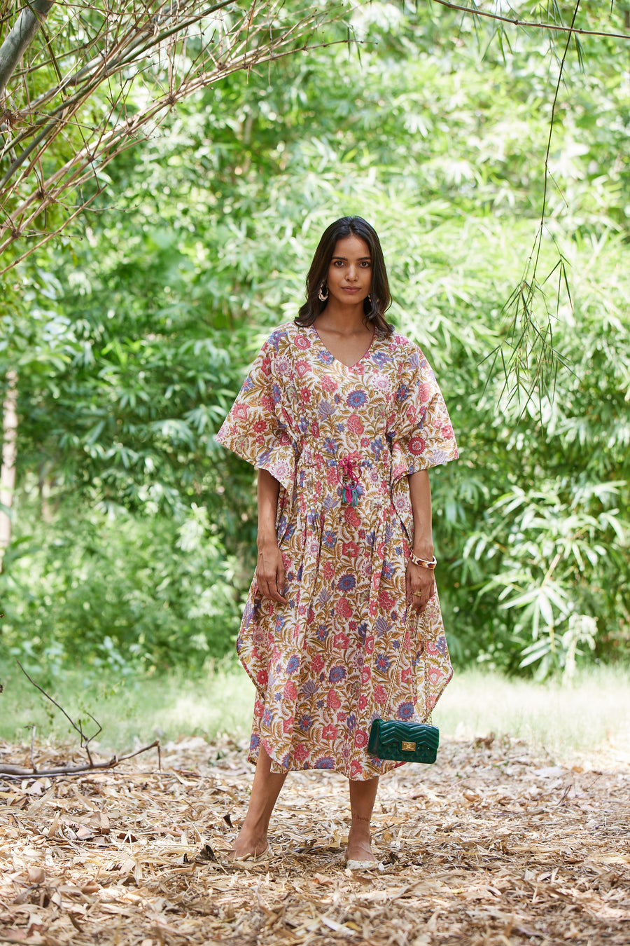 Hand Block Floral Print Kaftan With Dori