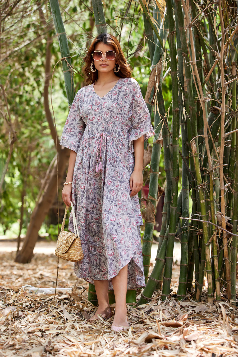 Grey Hand Block Print Kaftan With Dori