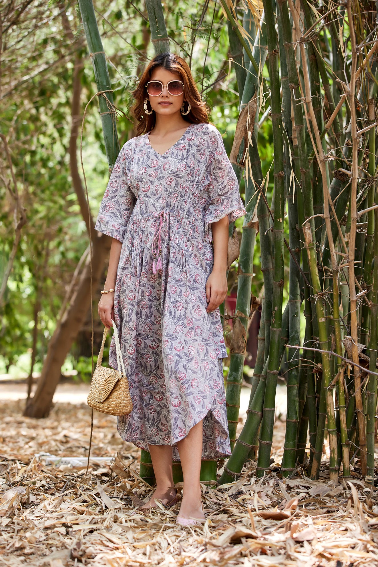 Grey Hand Block Print Kaftan With Dori