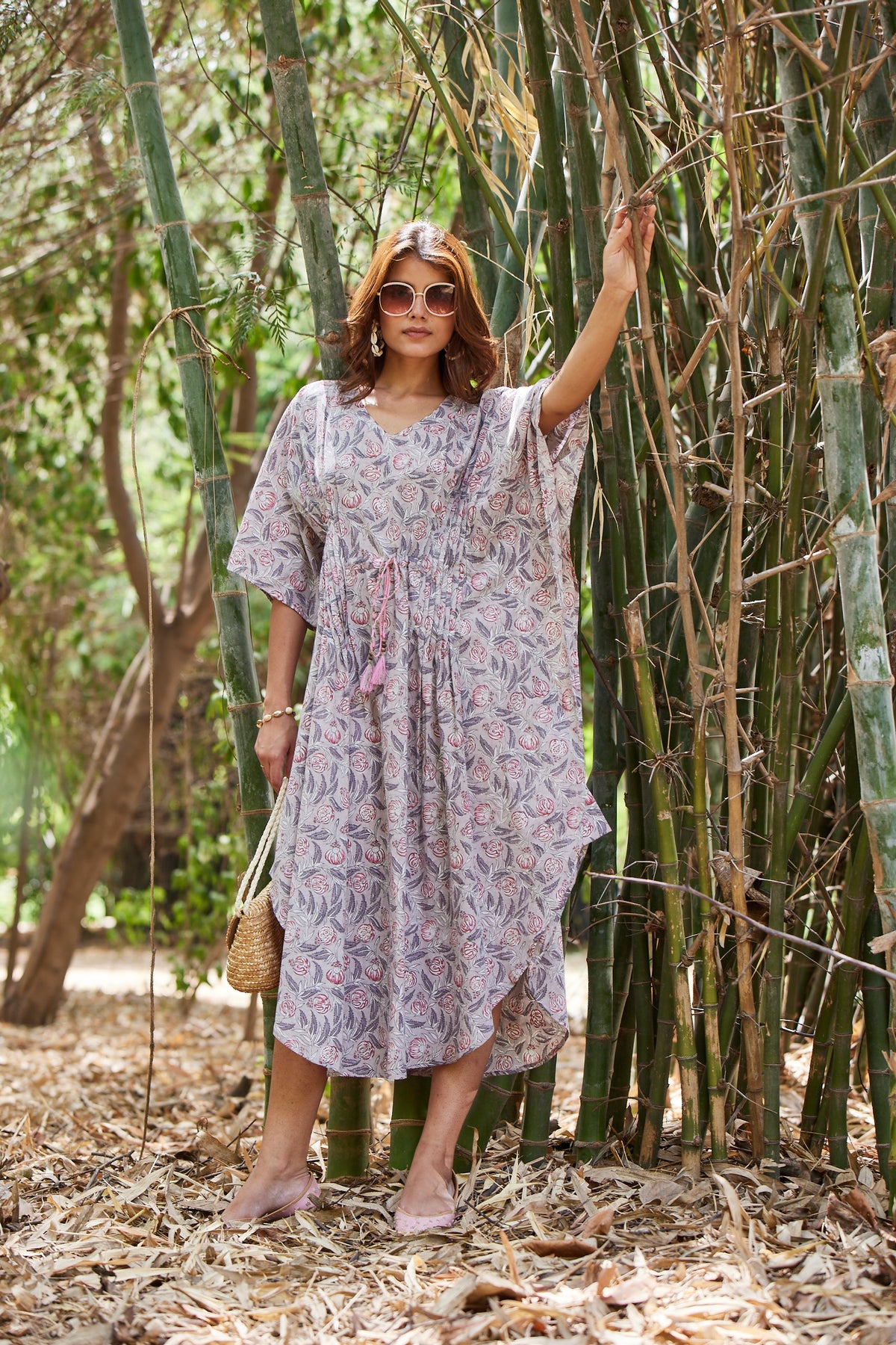 Grey Hand Block Print Kaftan With Dori