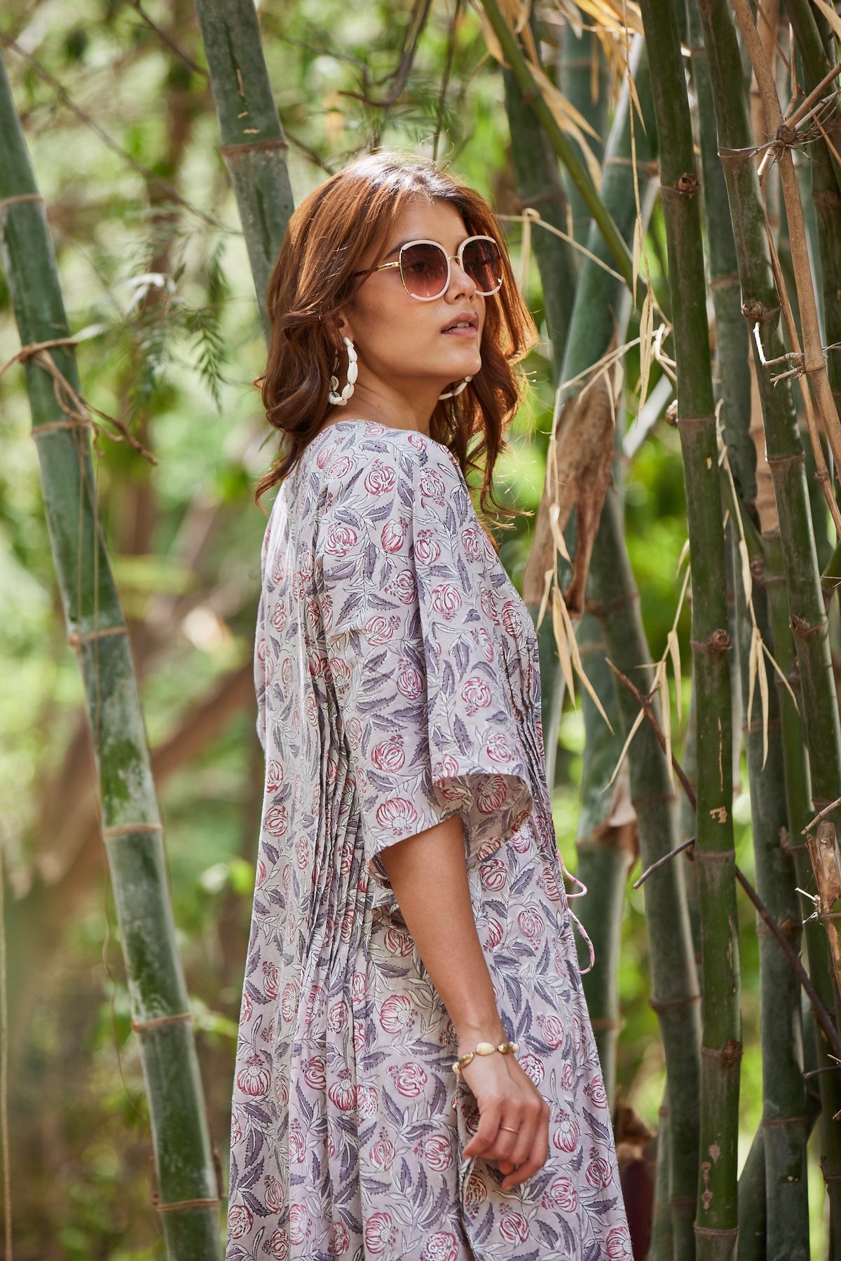 Grey Hand Block Print Kaftan With Dori
