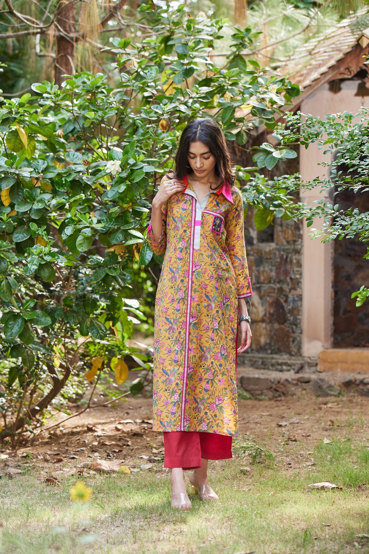 Yellow Hand Block Print Collared Kurta