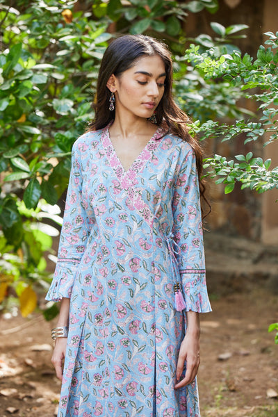 Light Blue Floral Print Angrakha Kurta-Dress