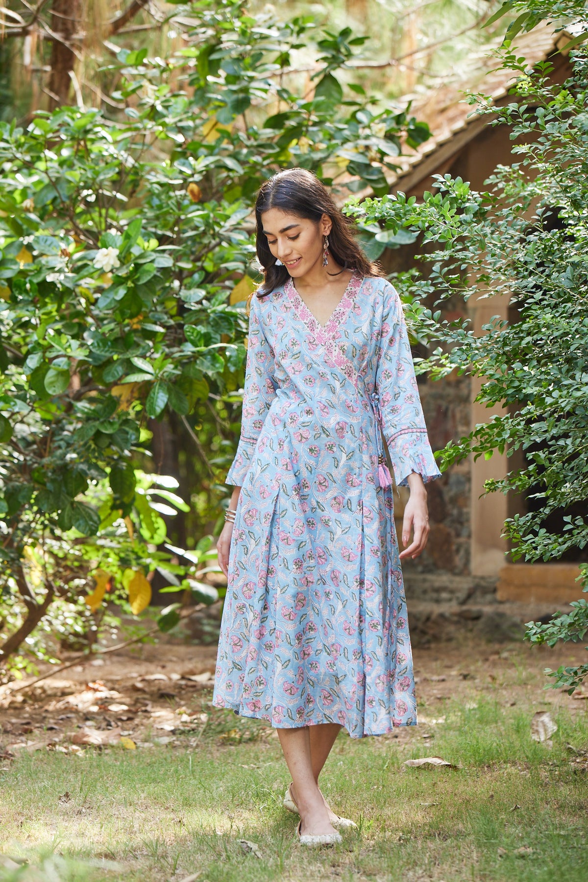 Light Blue Floral Print Angrakha Kurta-Dress