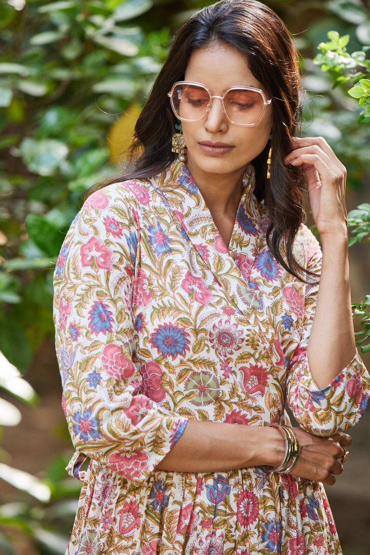Fit and flare tiered ethnic dress with wrap collar